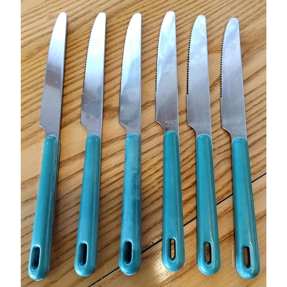 Vintage Retro Green Steak Serrated Knife Set Of 6 Thailand S S Good